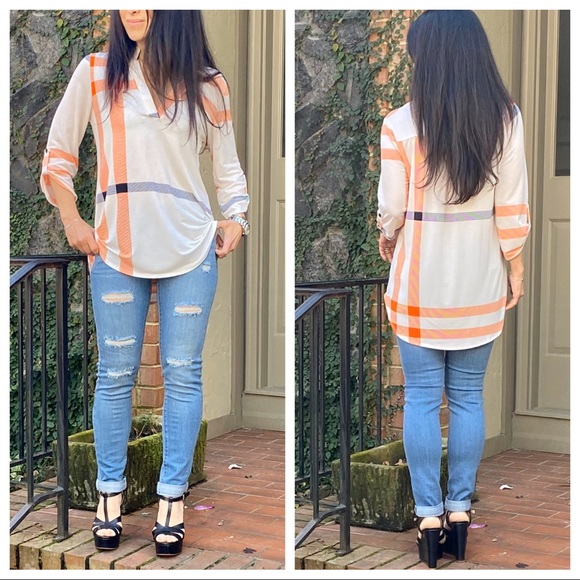 Beige inspired plaid rolled sleeves tunic top - Picture 16 of 16